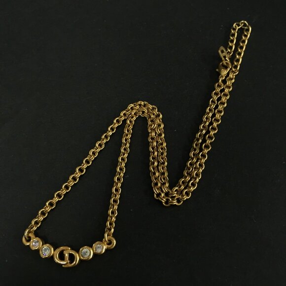 Christian Dior CD Logo Rhinestone Gold Tone Pendant Necklace lux70-100225 - Picture 2 of 8